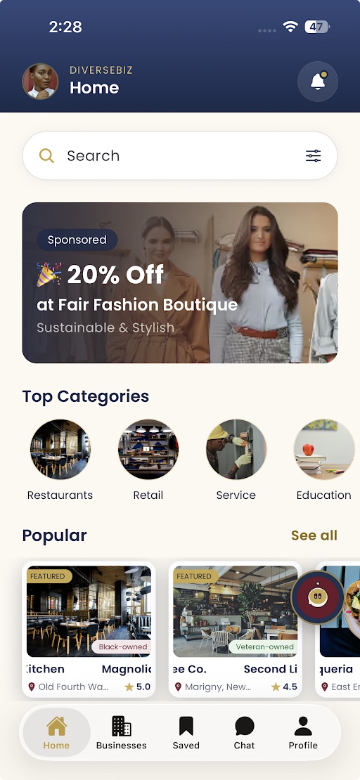 The DiverseBiz app's Home screen: search, a sponsored offer, top categories, popular businesses and the tab bar